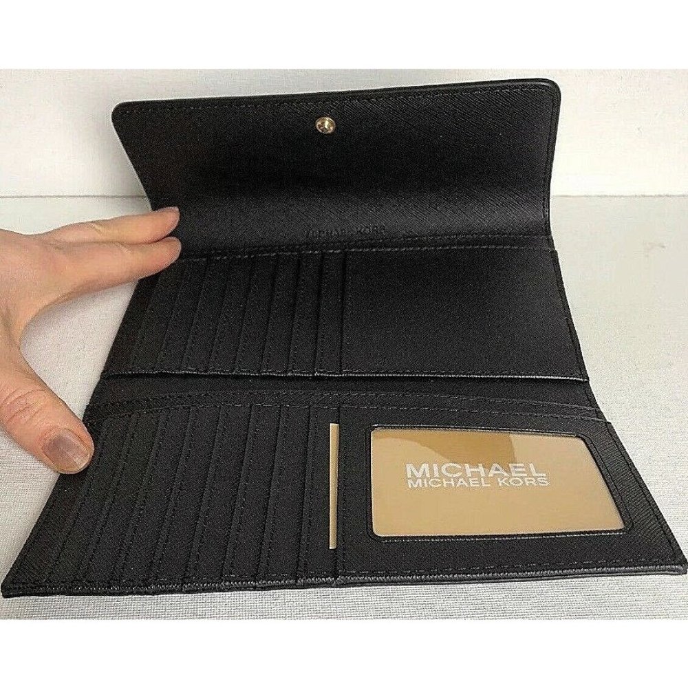 New Michael Kors Jet Set Travel Large Trifold Wallet Leather Black with Gold - Picture 2 of 6